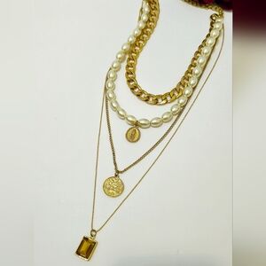 BeBe Layered Gold Tone Faux Pearl Crystal & Good Luck Charm Pendant Necklace